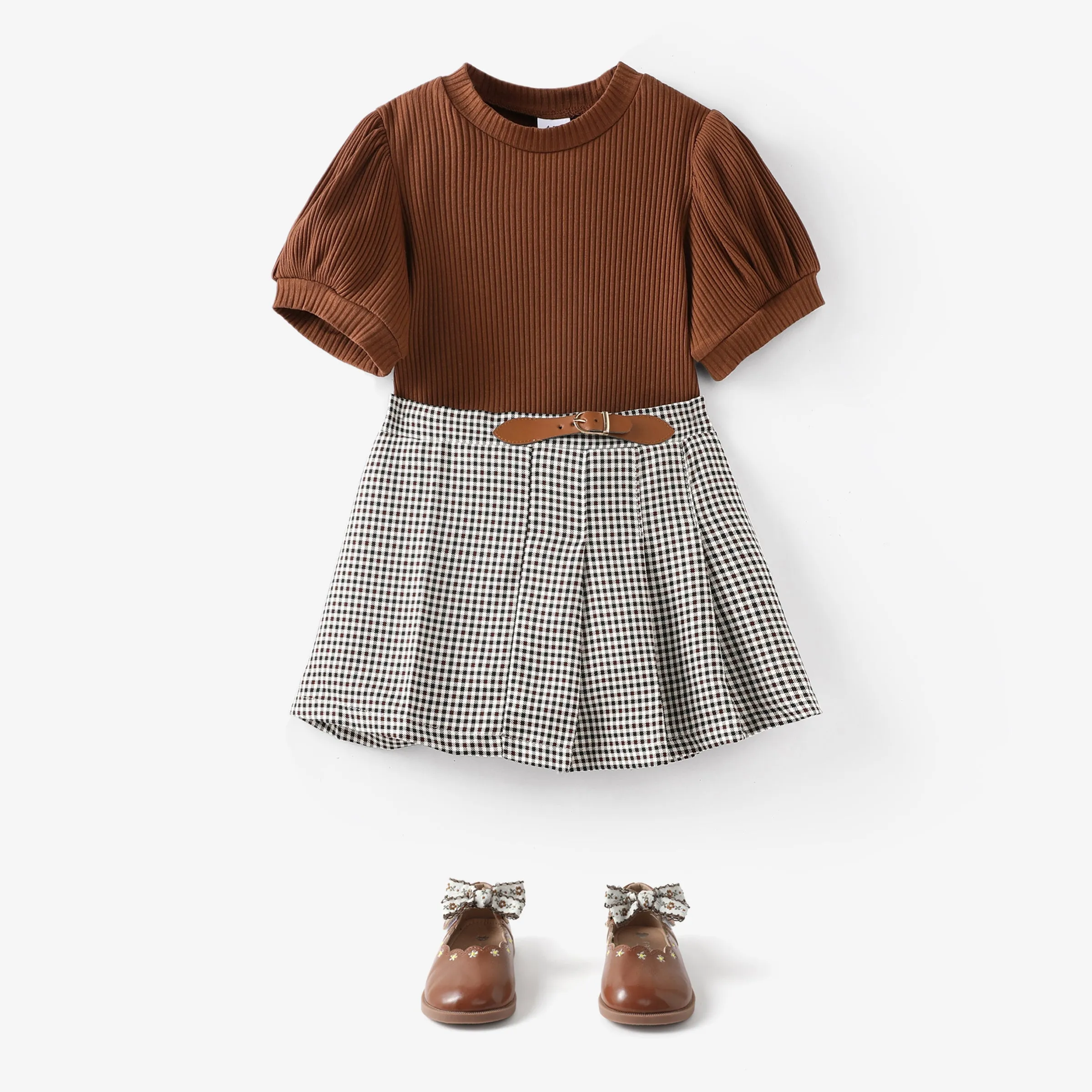 2pcs Toddler Girl Classic Puff-sleeve Tee and Houndstooth Pleated Skirt Set