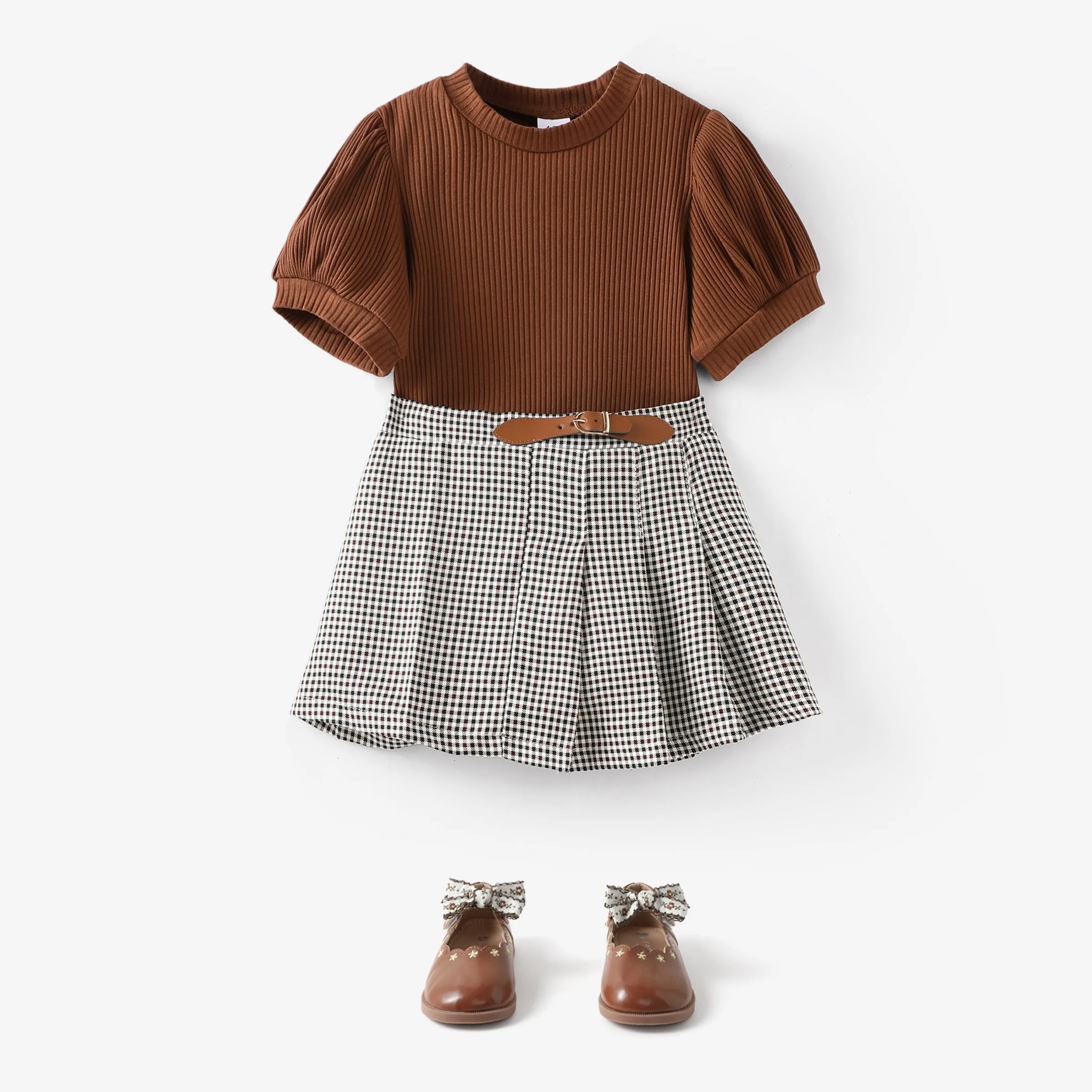 2pcs Toddler Girl Classic Puff-sleeve Tee and Houndstooth Pleated Skirt Set
