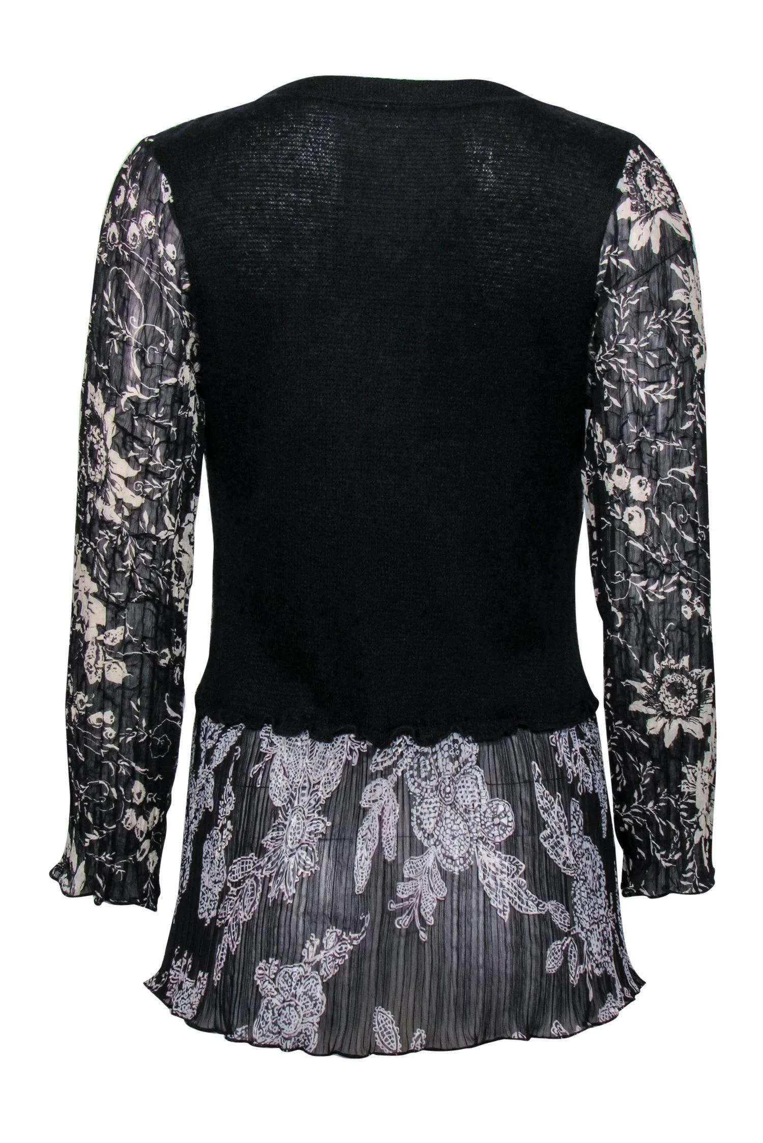 Alberto Makali - Black & White Pleated Floral Top w/ Beading Sz M