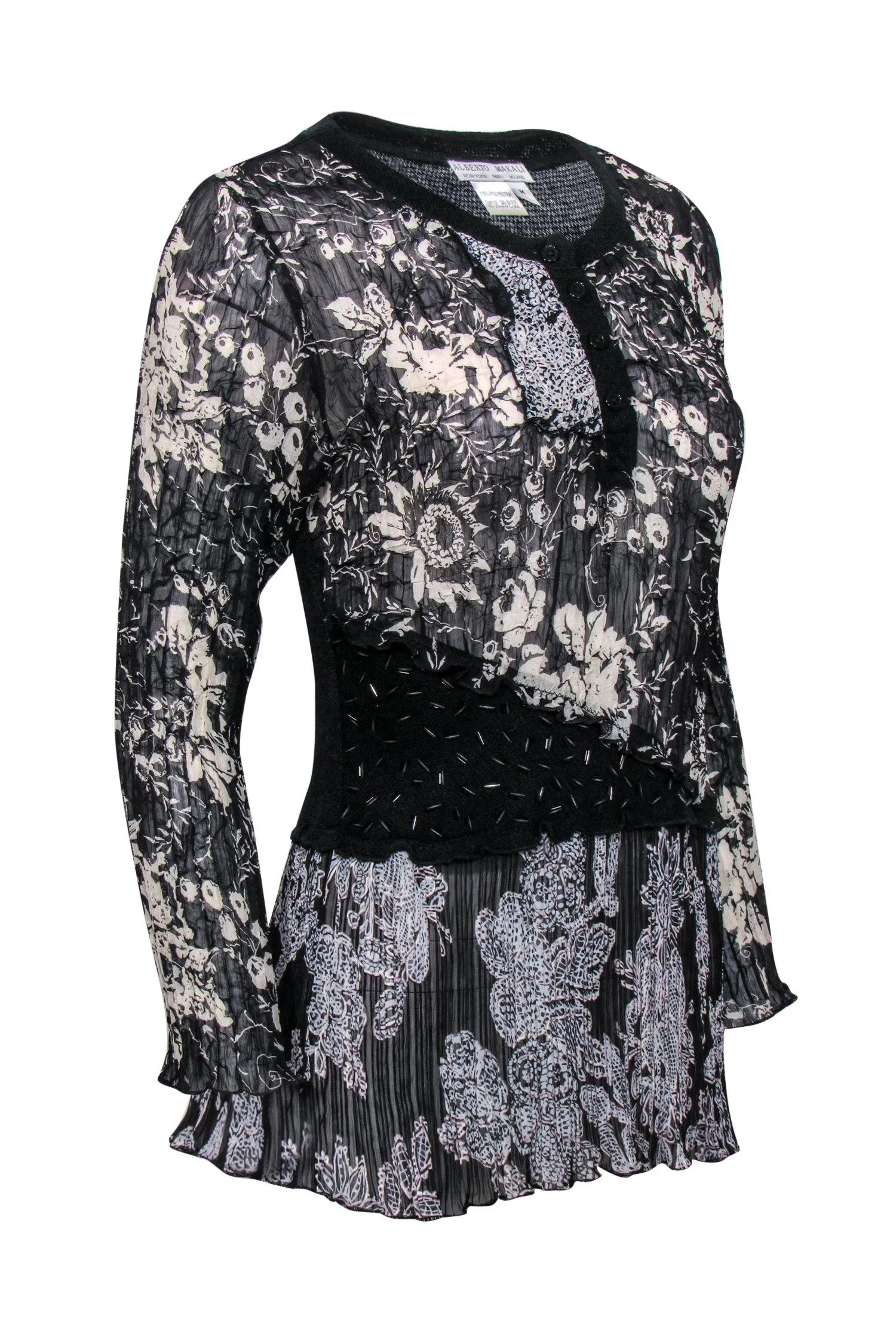 Alberto Makali - Black & White Pleated Floral Top w/ Beading Sz M