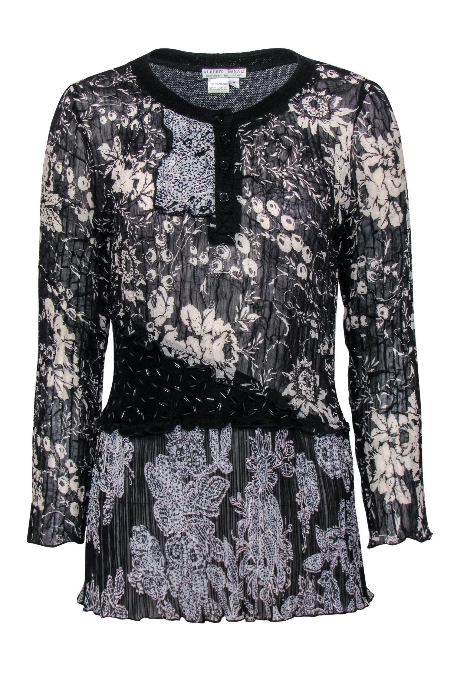 Alberto Makali - Black & White Pleated Floral Top w/ Beading Sz M