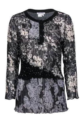 Alberto Makali - Black & White Pleated Floral Top w/ Beading Sz M