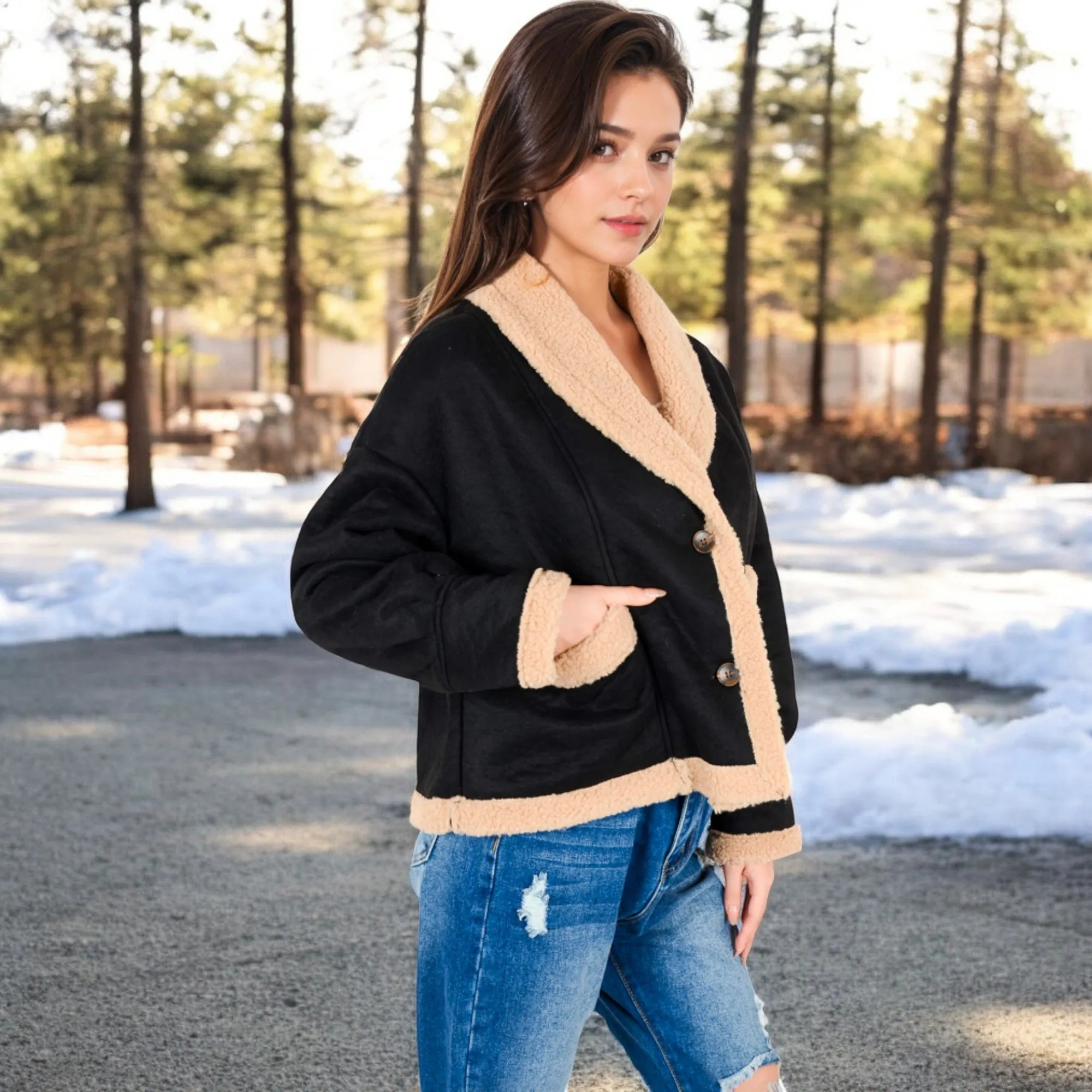 Anna-Kaci Women's Faux Shearling Jacket with Shawl Collar and Contrast Trim