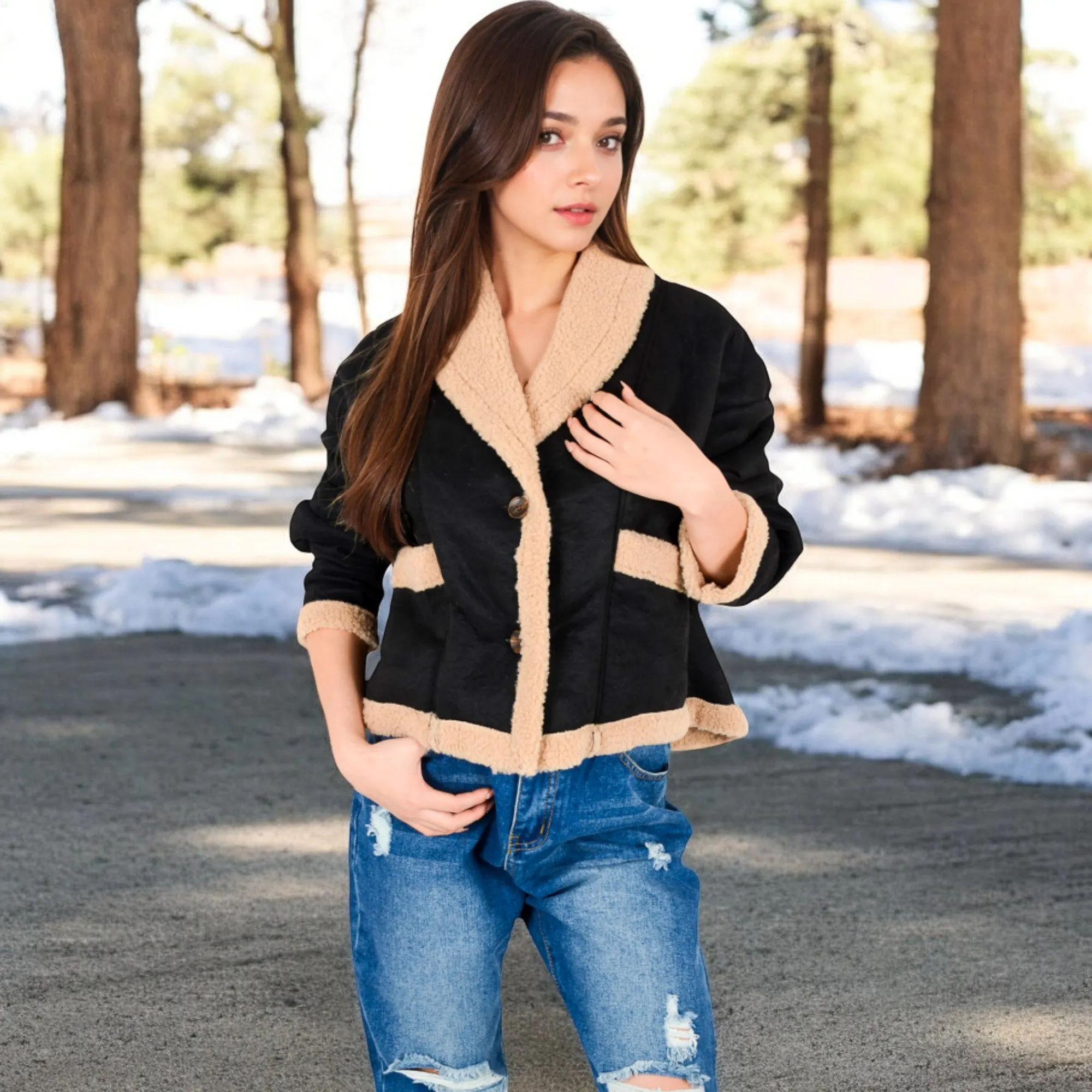 Anna-Kaci Women's Faux Shearling Jacket with Shawl Collar and Contrast Trim