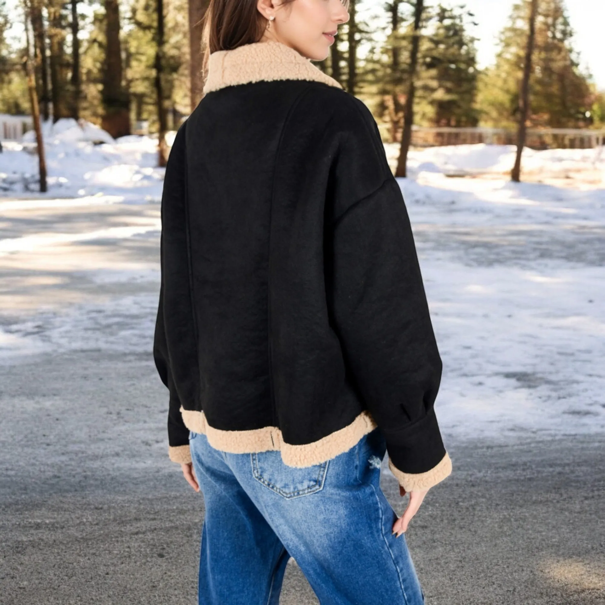 Anna-Kaci Women's Faux Shearling Jacket with Shawl Collar and Contrast Trim