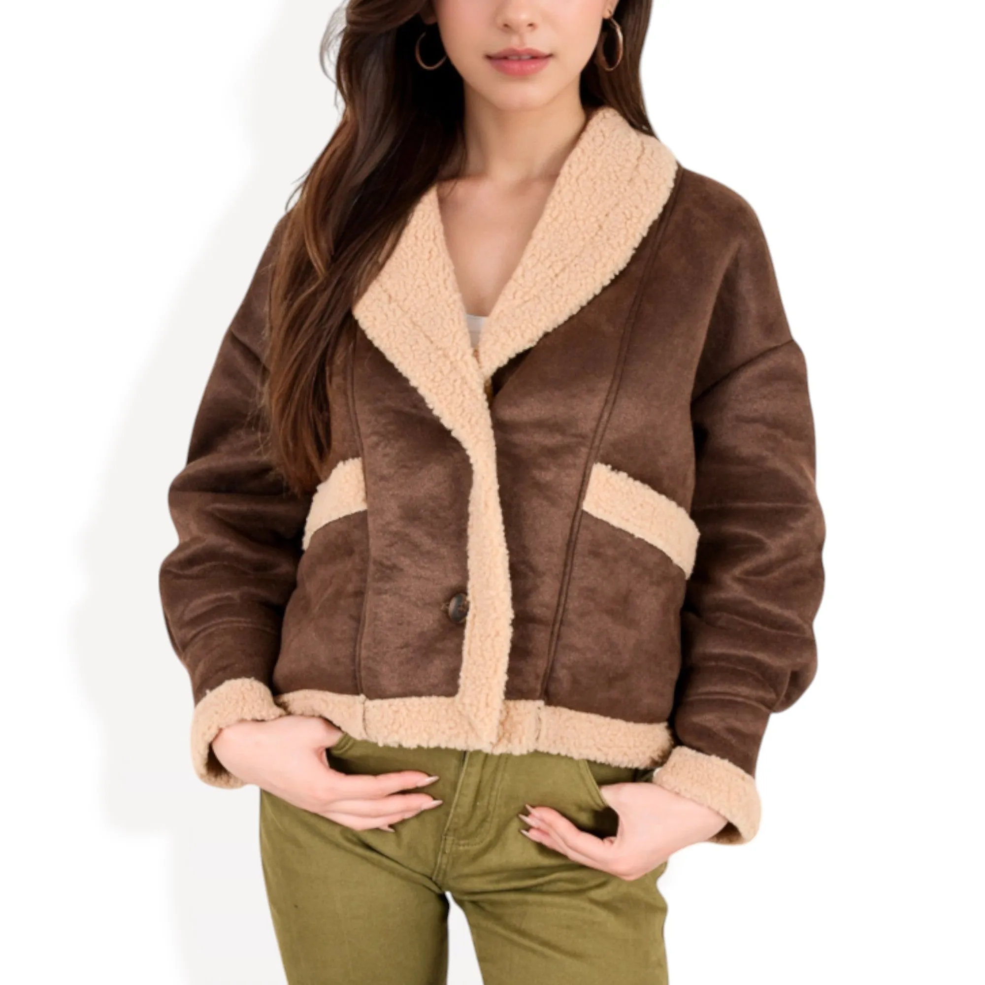 Anna-Kaci Women's Faux Shearling Jacket with Shawl Collar and Contrast Trim