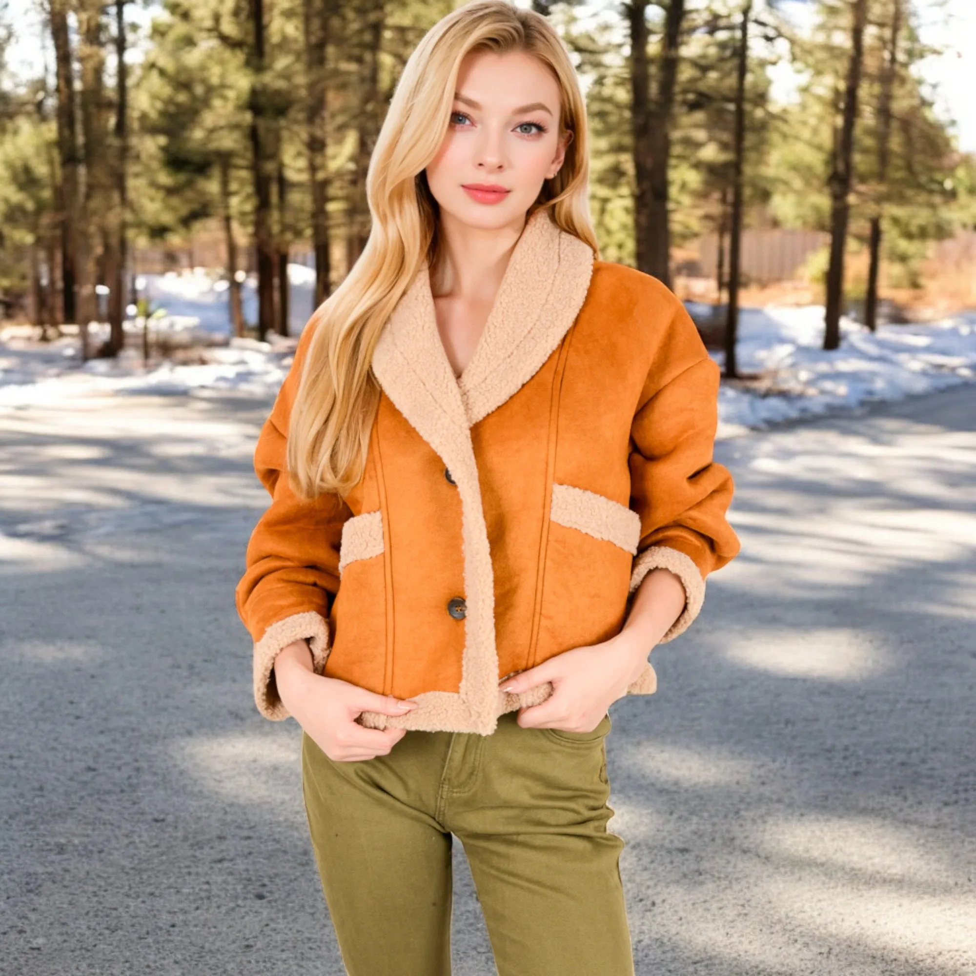 Anna-Kaci Women's Faux Shearling Jacket with Shawl Collar and Contrast Trim