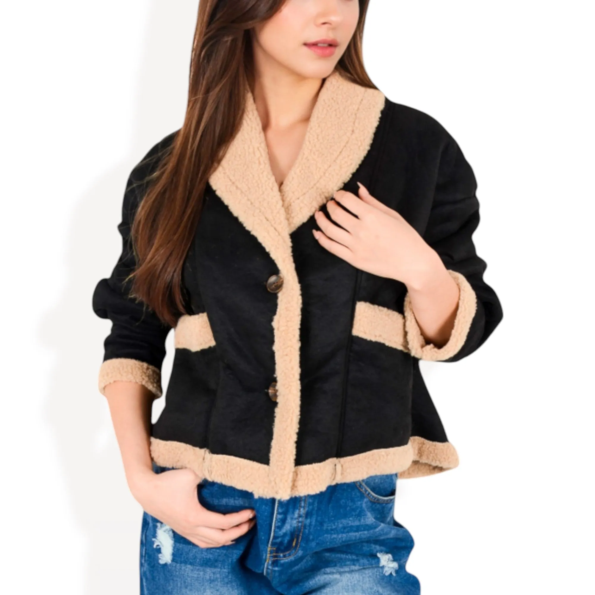 Anna-Kaci Women's Faux Shearling Jacket with Shawl Collar and Contrast Trim