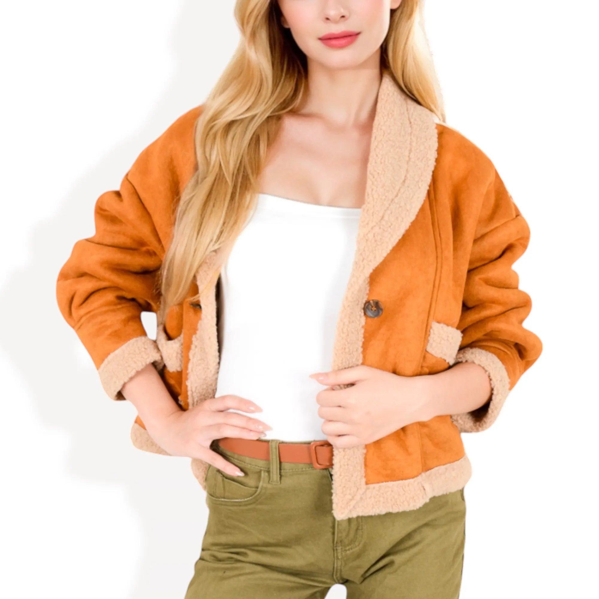 Anna-Kaci Women's Faux Shearling Jacket with Shawl Collar and Contrast Trim