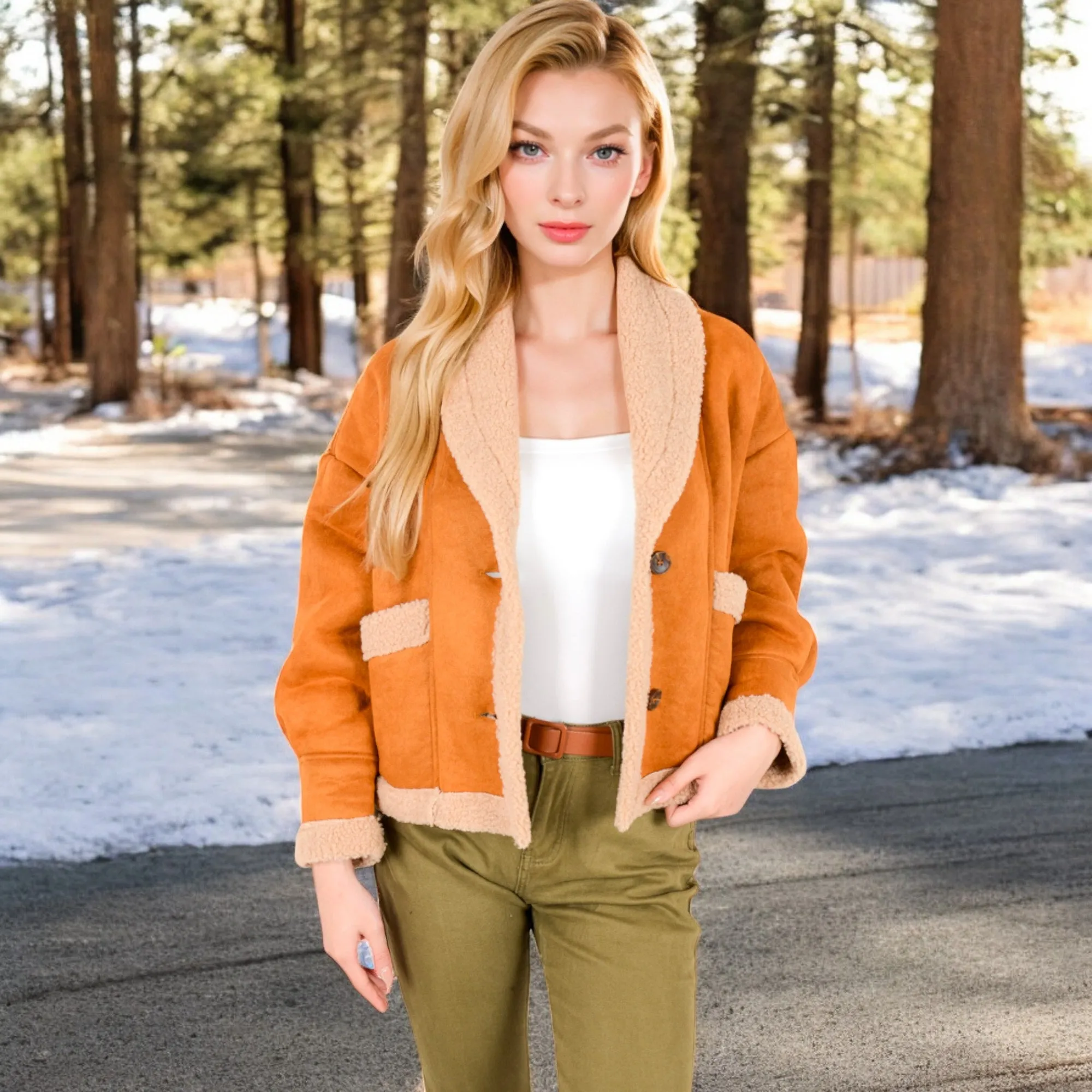 Anna-Kaci Women's Faux Shearling Jacket with Shawl Collar and Contrast Trim