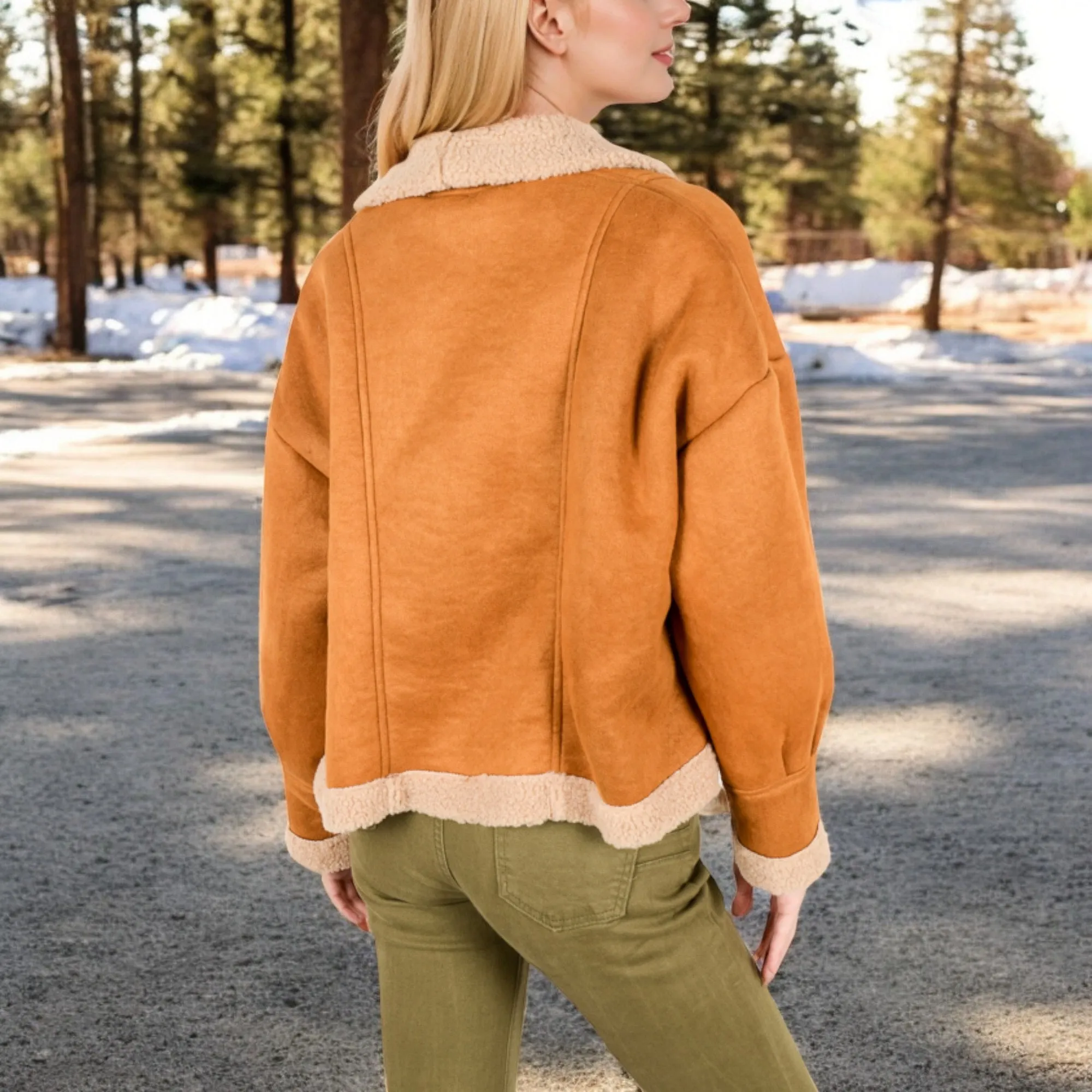 Anna-Kaci Women's Faux Shearling Jacket with Shawl Collar and Contrast Trim