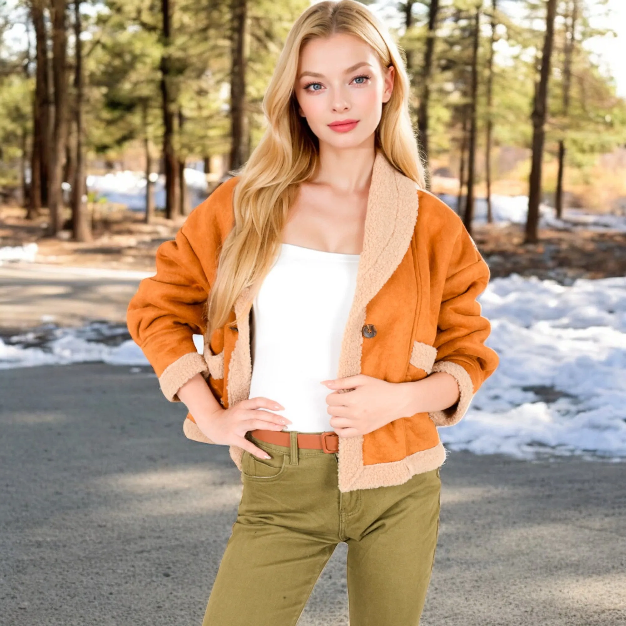 Anna-Kaci Women's Faux Shearling Jacket with Shawl Collar and Contrast Trim