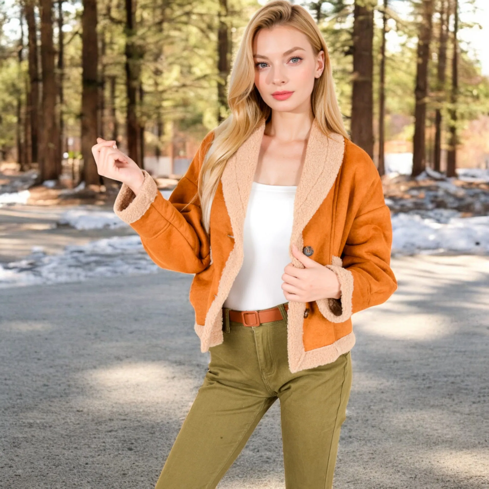 Anna-Kaci Women's Faux Shearling Jacket with Shawl Collar and Contrast Trim