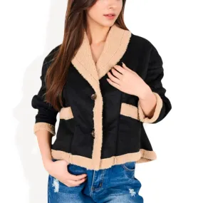 Anna-Kaci Women's Faux Shearling Jacket with Shawl Collar and Contrast Trim