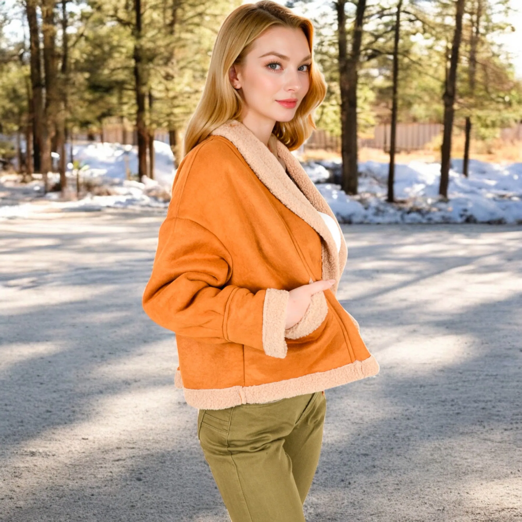 Anna-Kaci Women's Faux Shearling Jacket with Shawl Collar and Contrast Trim