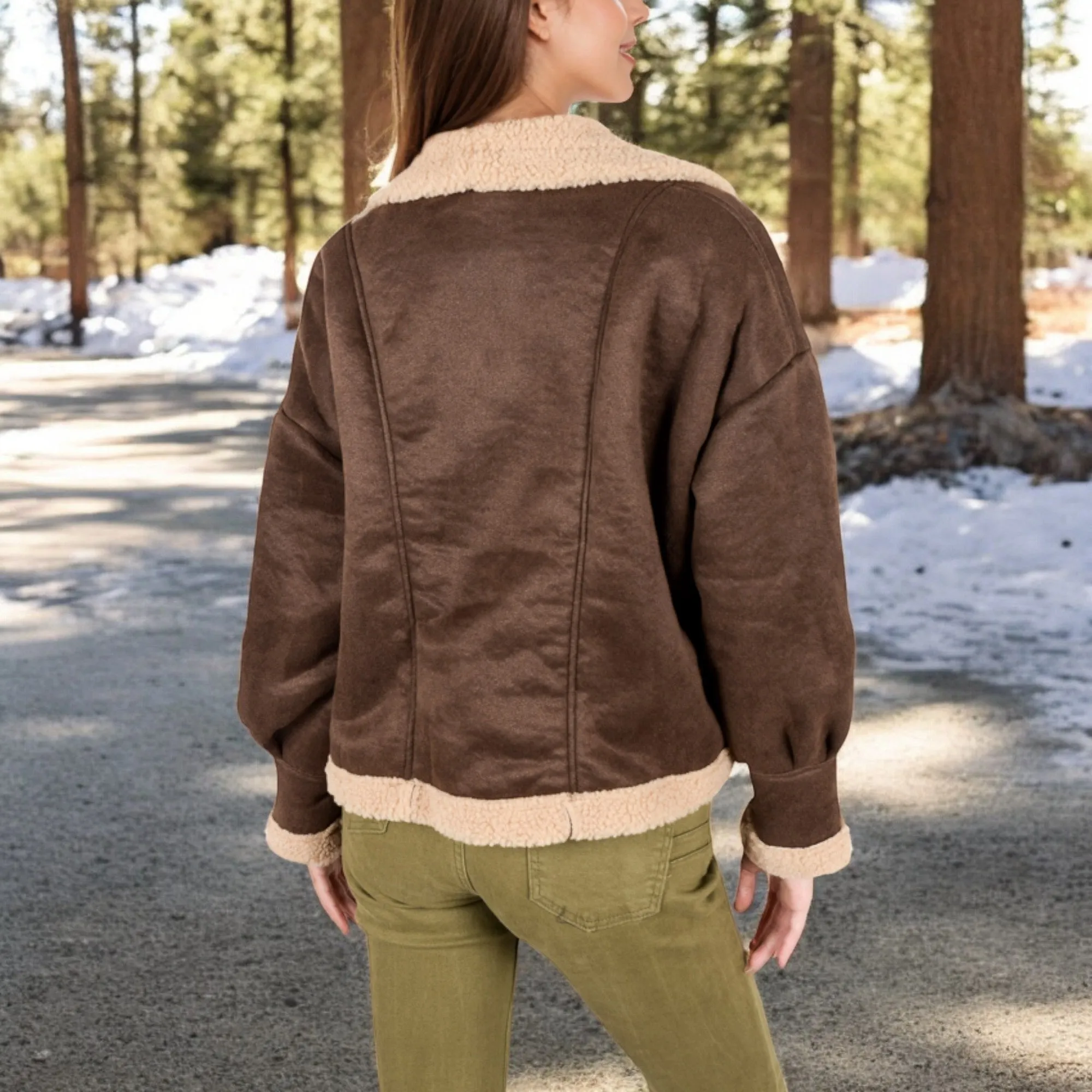 Anna-Kaci Women's Faux Shearling Jacket with Shawl Collar and Contrast Trim