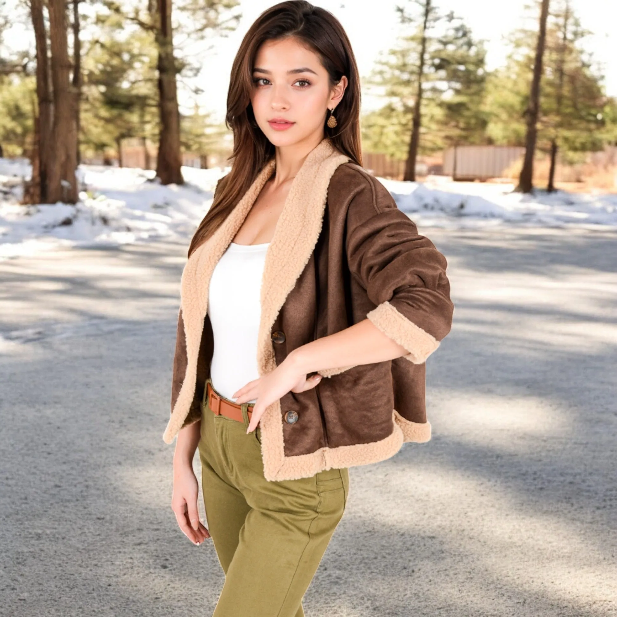 Anna-Kaci Women's Faux Shearling Jacket with Shawl Collar and Contrast Trim