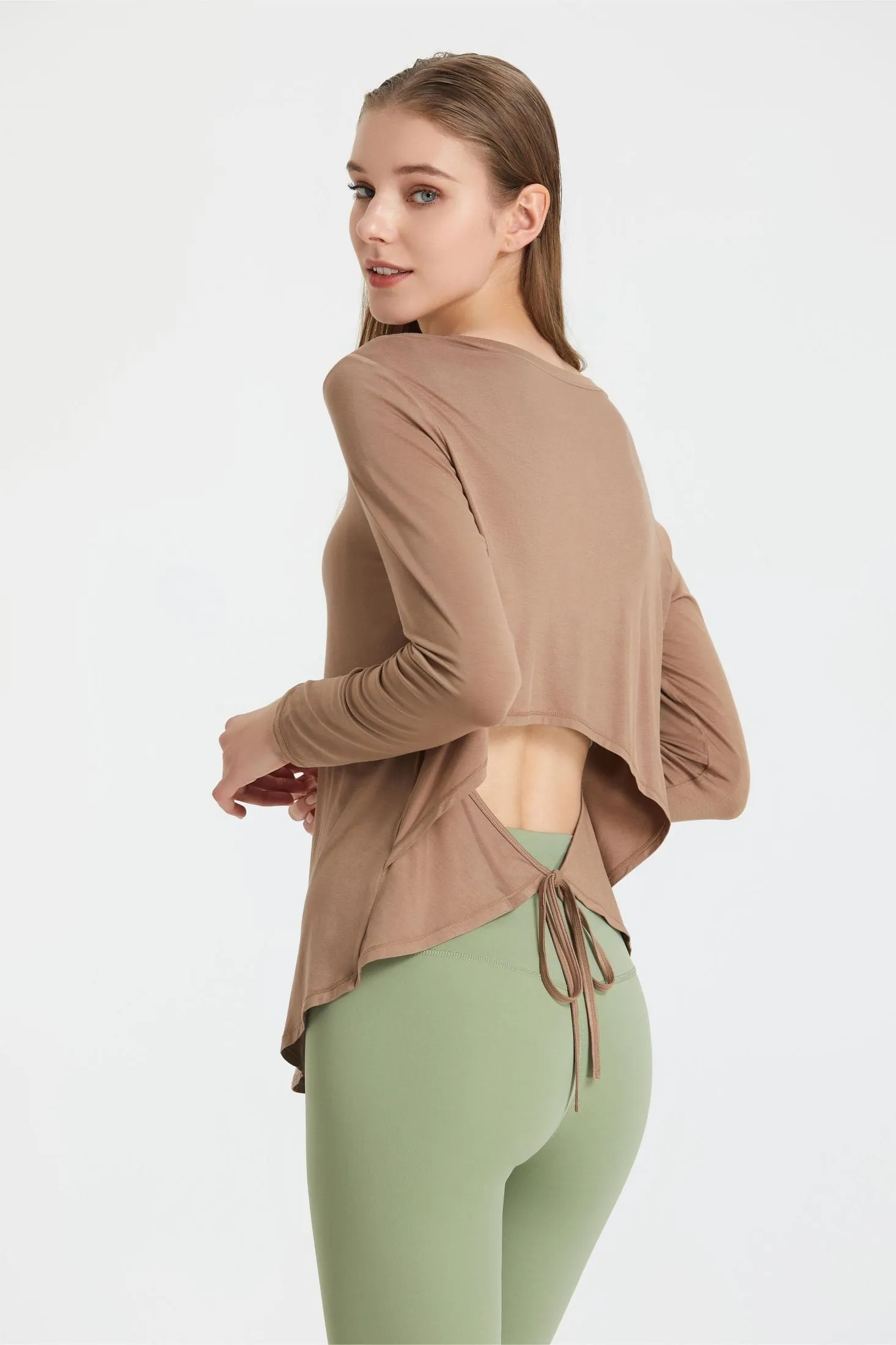 Back Waist Cutout Tie Long Sleeve T-Shirt