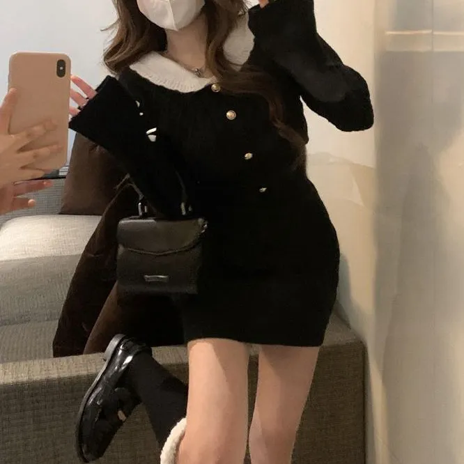 Bow-Tie Sweater Doll Collar Peacock Velvet Short Dress