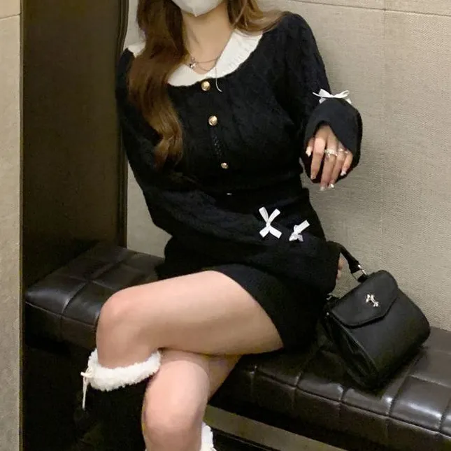 Bow-Tie Sweater Doll Collar Peacock Velvet Short Dress