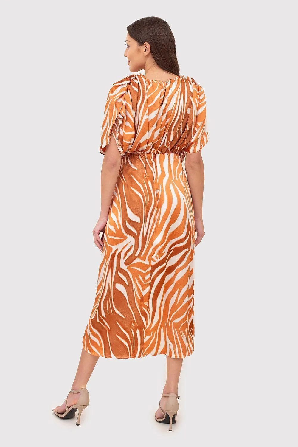 Chic Animal Print Midi Dress with Statement Sleeves and Adjustable Waistline