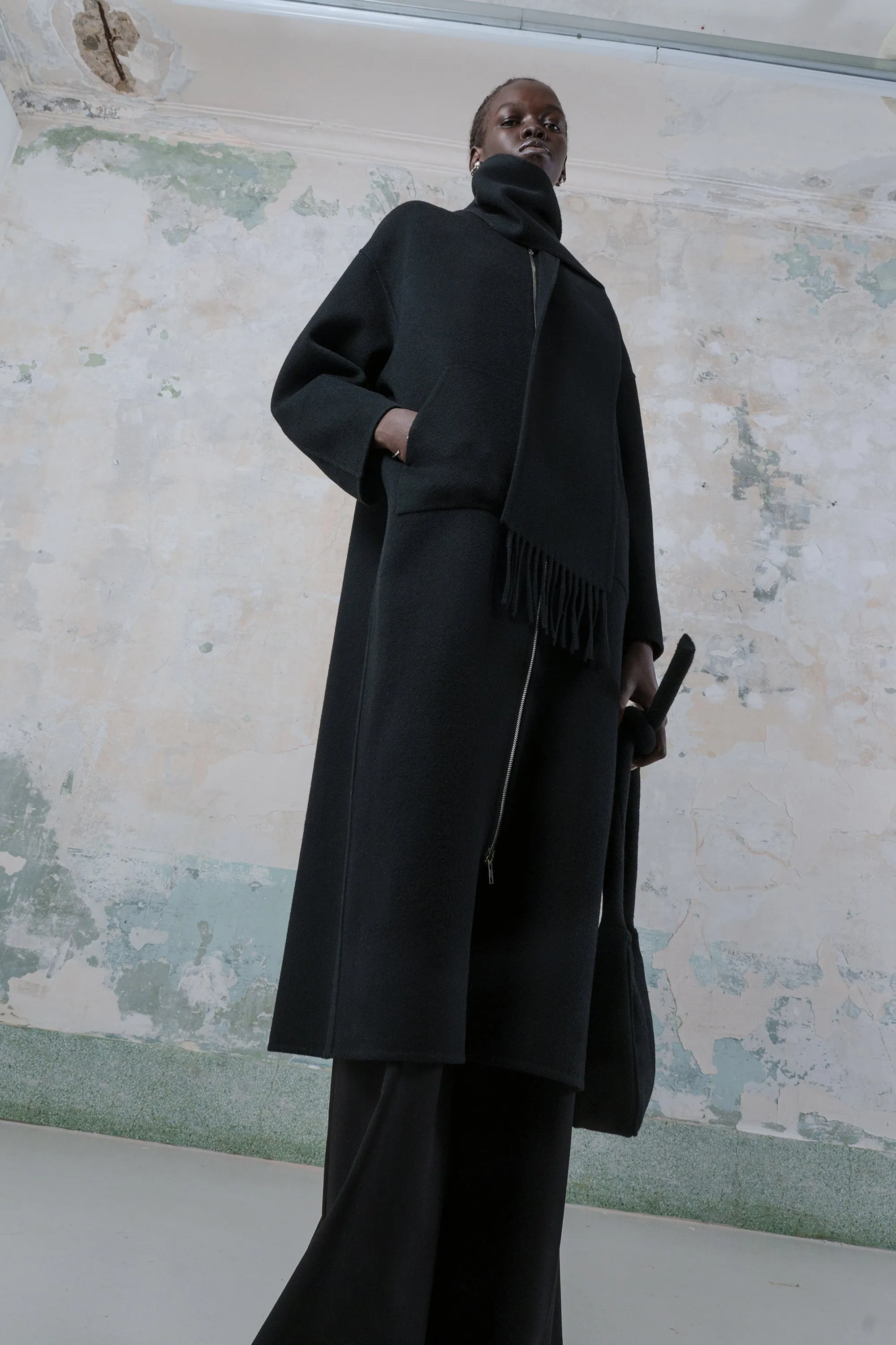 Detachable muffler double-faced wool two-way zip-up coat