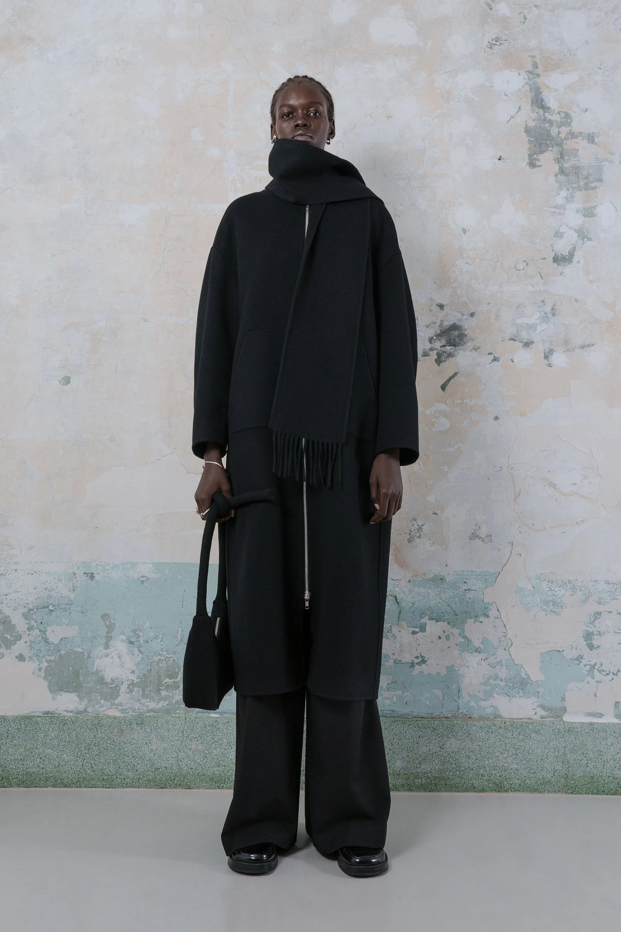 Detachable muffler double-faced wool two-way zip-up coat