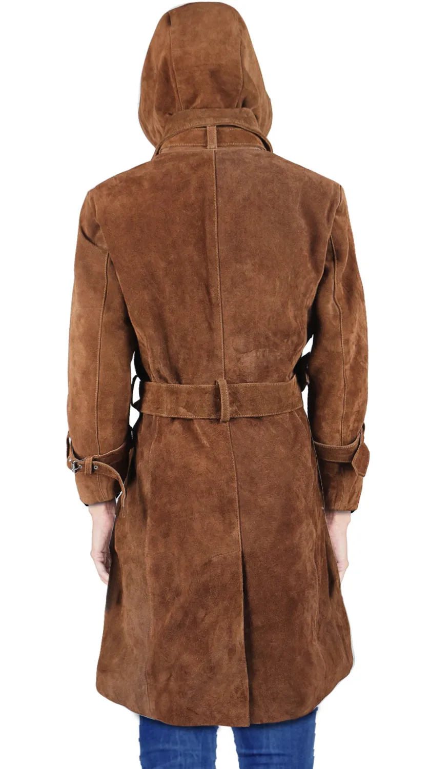 Leather Jackets Hub Womens Genuine Cow suede Leather Over Coat (Suede-Brown, Trench Coat) - 2122001