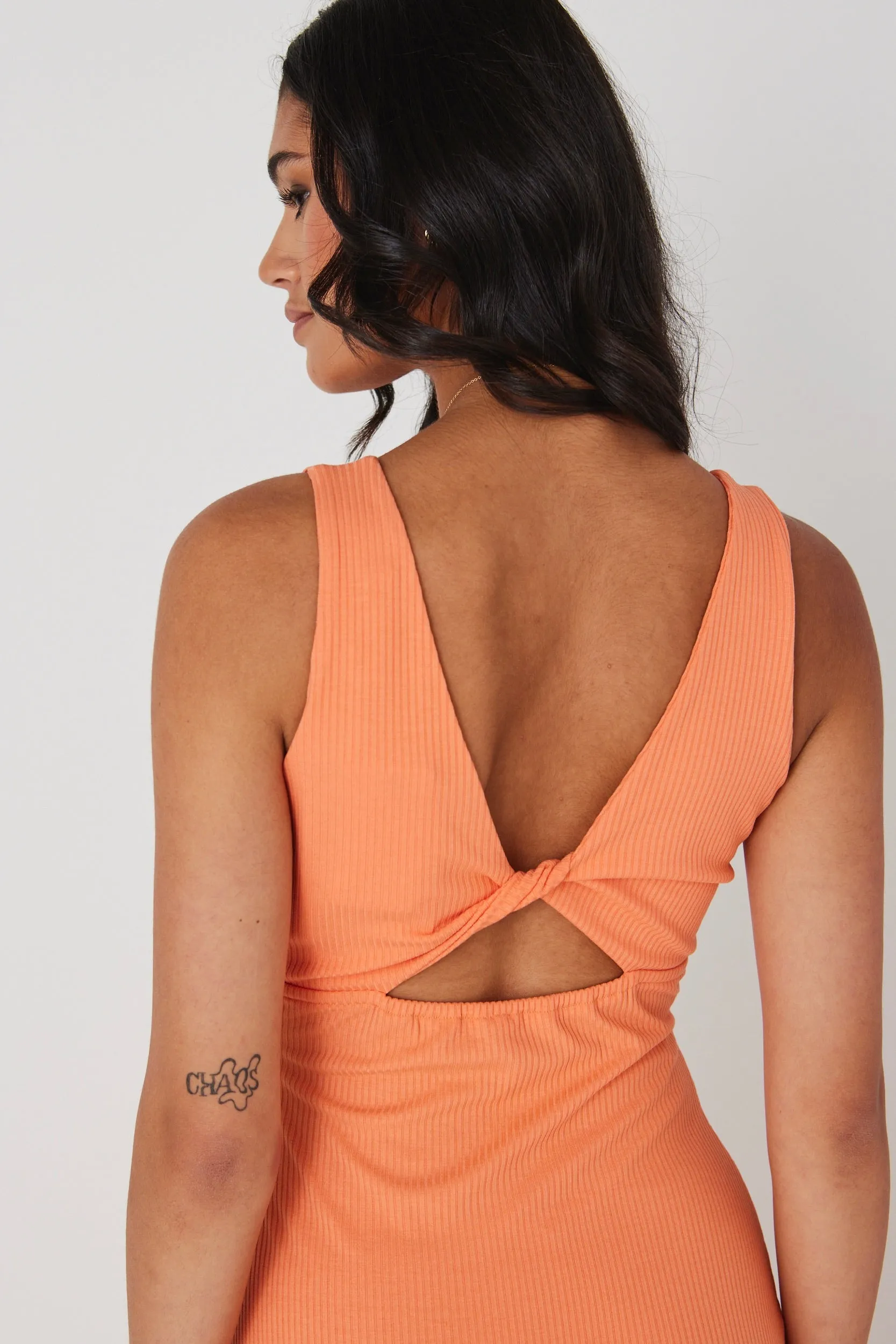 Malibu Orange Rib Twist Sleeveless Midi Dress