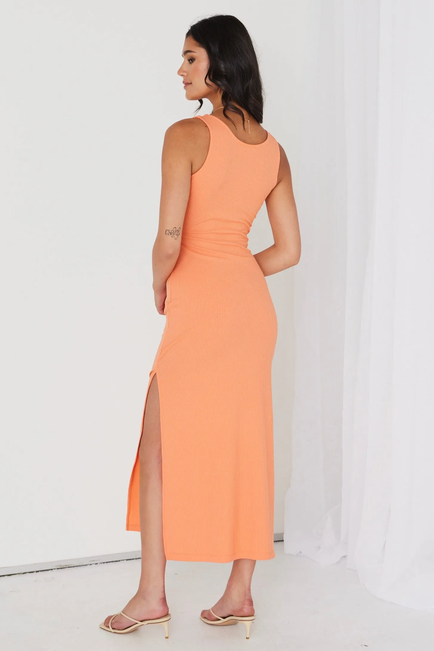 Malibu Orange Rib Twist Sleeveless Midi Dress
