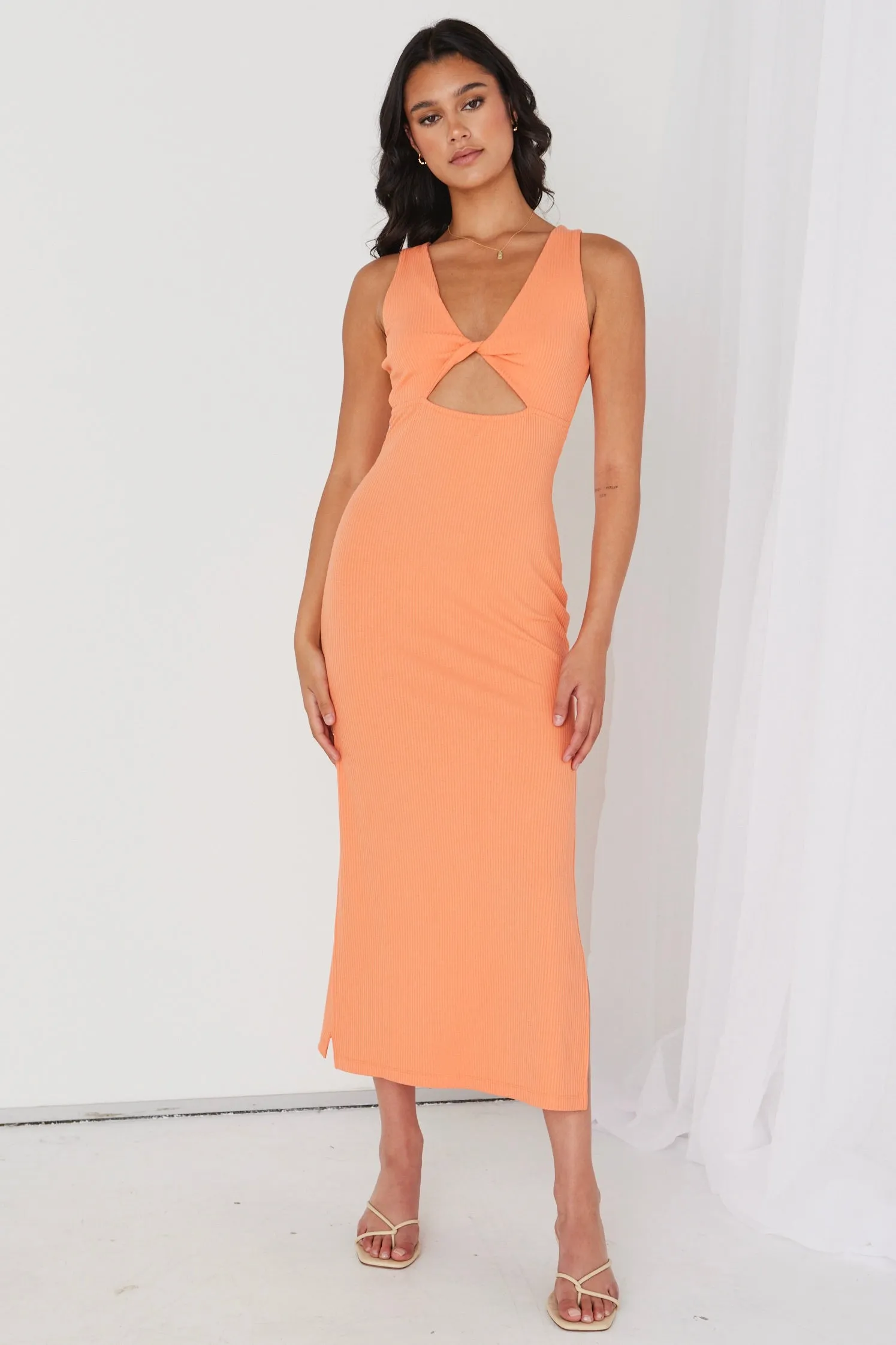 Malibu Orange Rib Twist Sleeveless Midi Dress