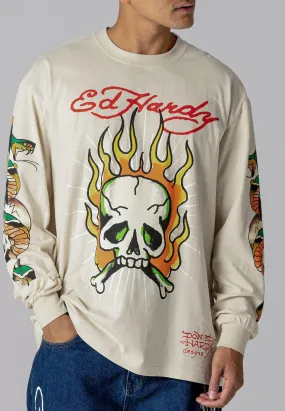 Mens Skull-Flame Long Sleeve T-Shirt - Ecru