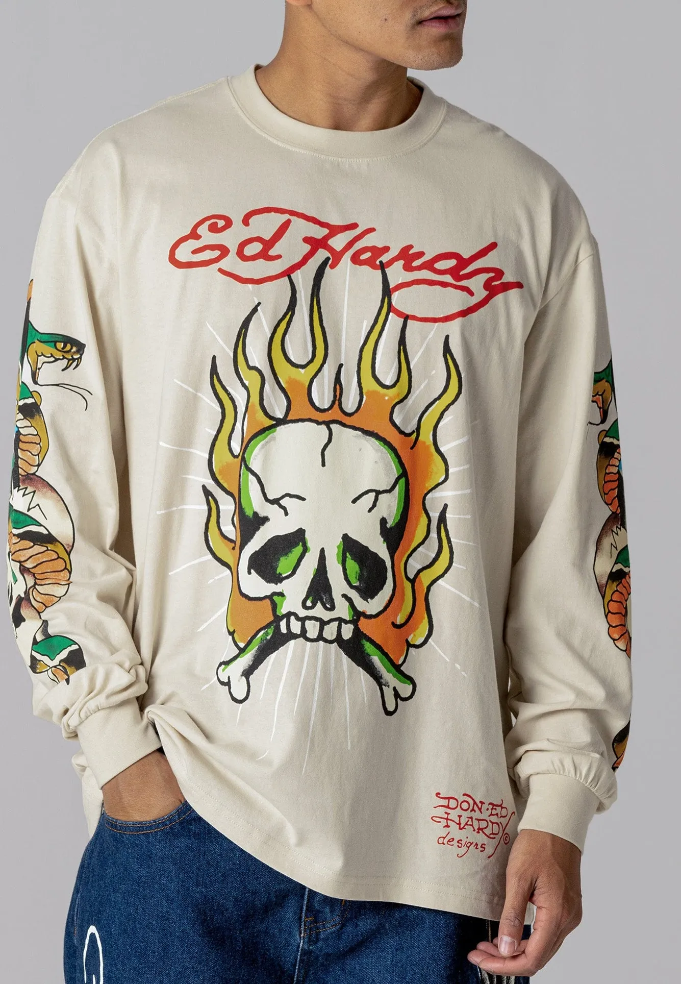 Mens Skull-Flame Long Sleeve T-Shirt - Ecru