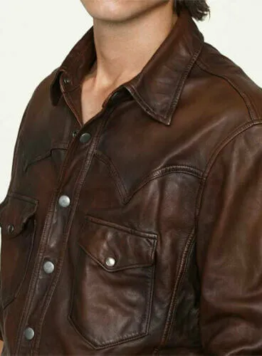New Men’s Genuine Lambskin Leather Soft Vintage Slim Fit Shirt