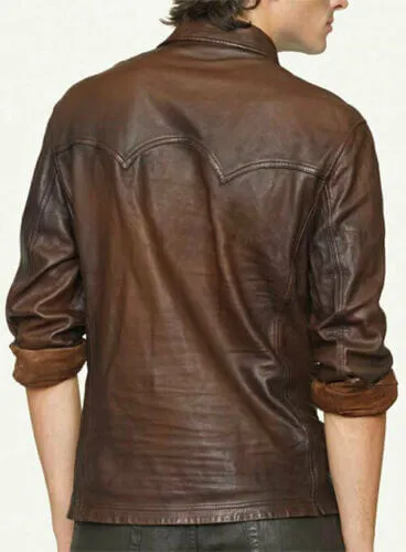 New Men’s Genuine Lambskin Leather Soft Vintage Slim Fit Shirt