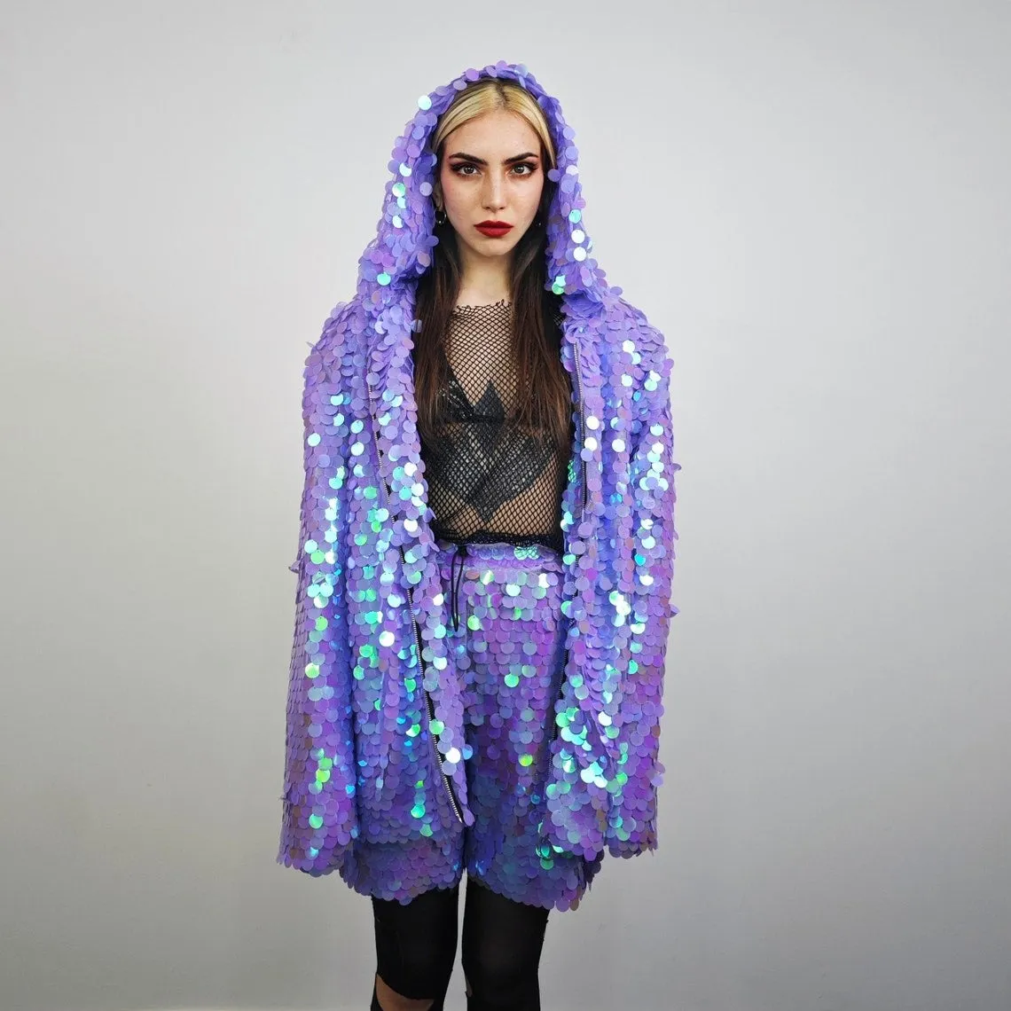 Pink sequin jacket hooded mermaid bomber holographic pullover luminous festival coat rave top fairy overcoat carnival sweatshirt