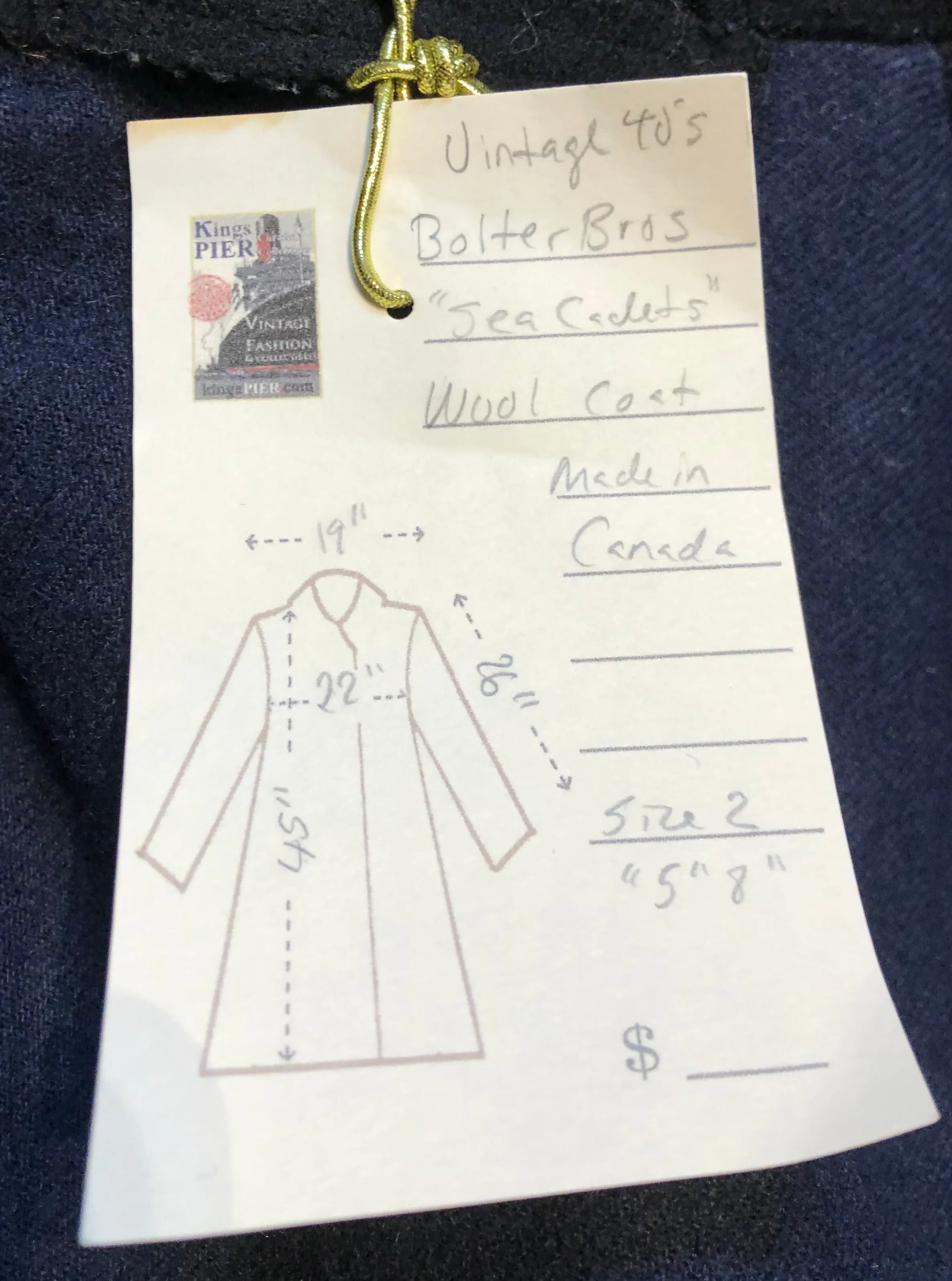 Rare Vintage 1940s Bolter Bros Royal Canadian Sea Cadets Long Wool Coat, Made in Canada, Chest 44”