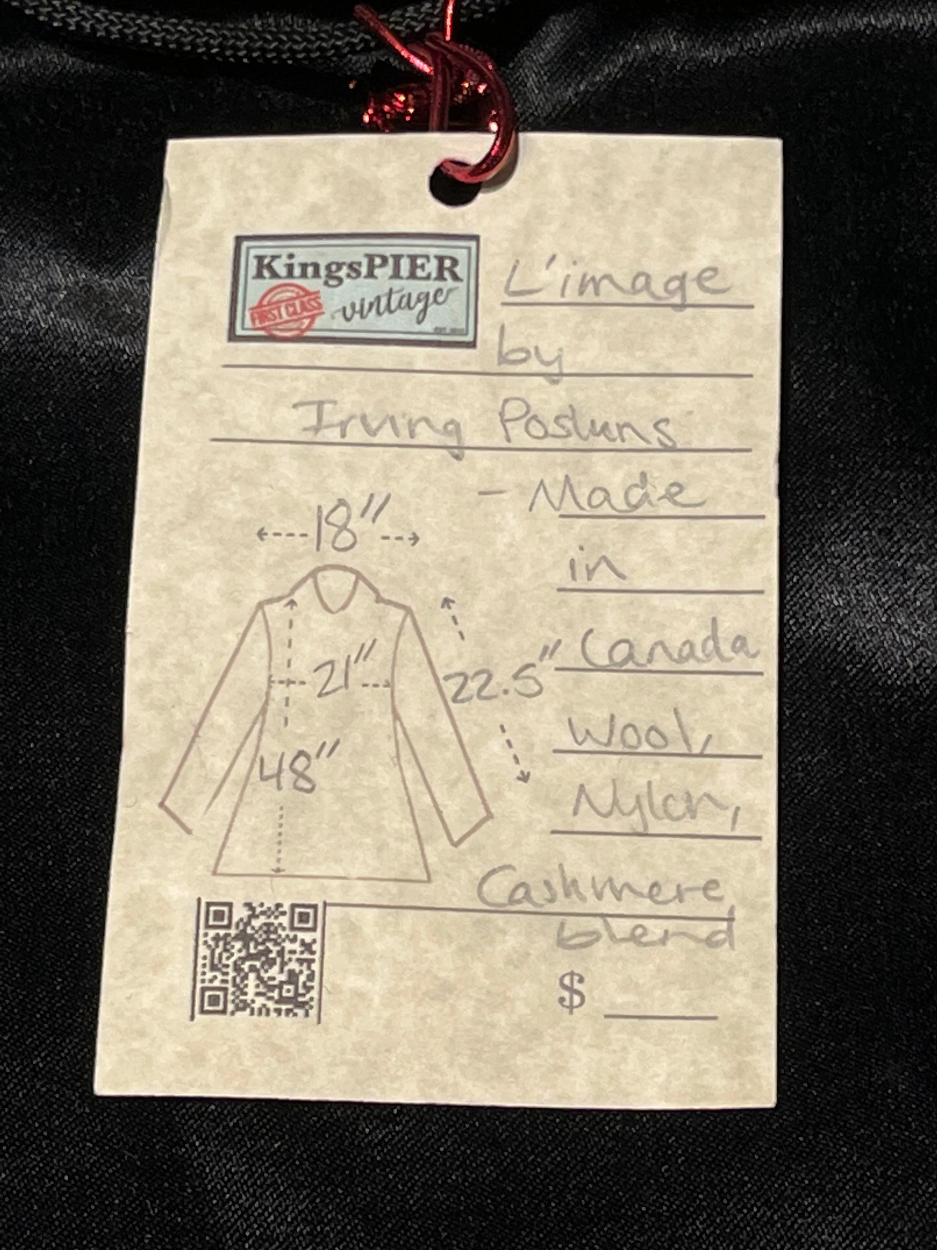 Vintage L’image by Irving Posluns Wool and Cashmere Blend Long Coat, Union Made in Canada, Chest 42”